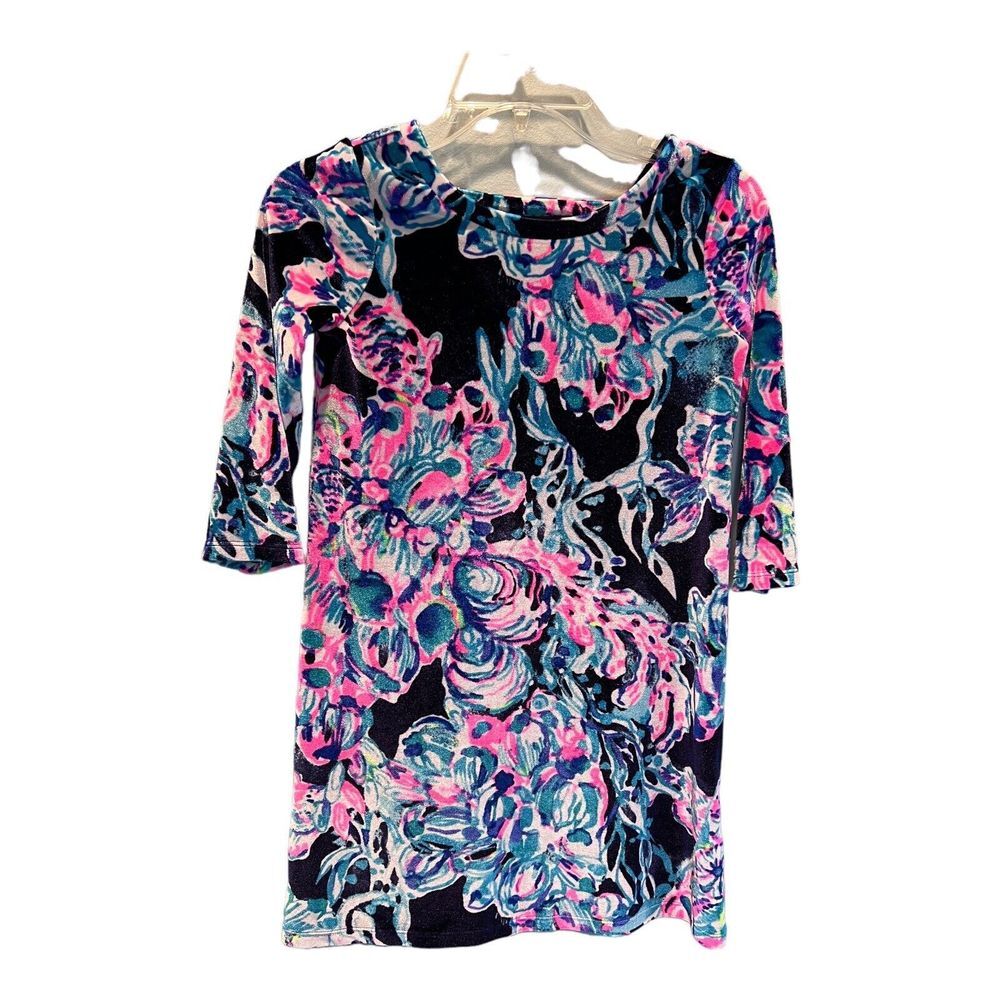 LILLY PULITZER GIRLS OLIVE DRESS‎ LUXE VELOUR BRIGHT NAVY ALL CAUGHT UP Sz Large